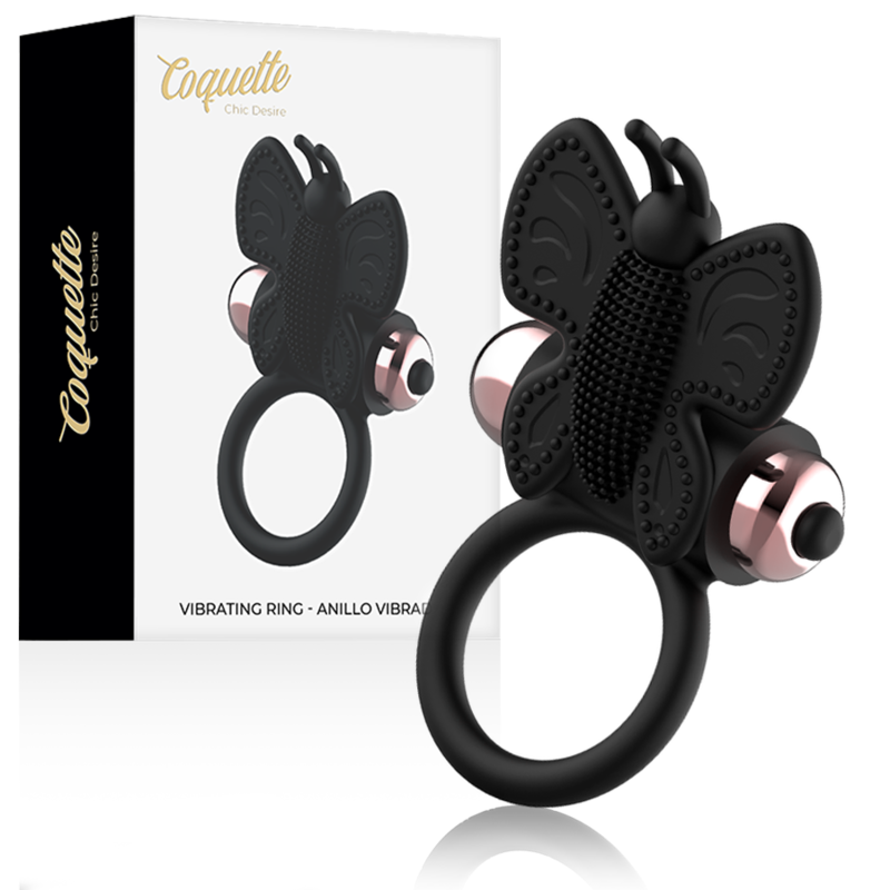 COQUETTE CHIC DESIRE - PIERSCIEN KOGUTOWY MOTYL Z WIBRATOREM CZARNO/ZLOTY