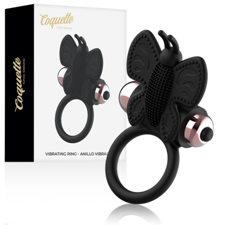 COQUETTE CHIC DESIRE - PIERSCIEN KOGUTOWY MOTYL Z WIBRATOREM CZARNO/ZLOTY