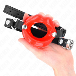 KINK - USTA 8 CM KNEBEL Z CZERWONYM PASKIEM SKÓRZANYM 63 x 2 CM REGULACJA 39-58 CM