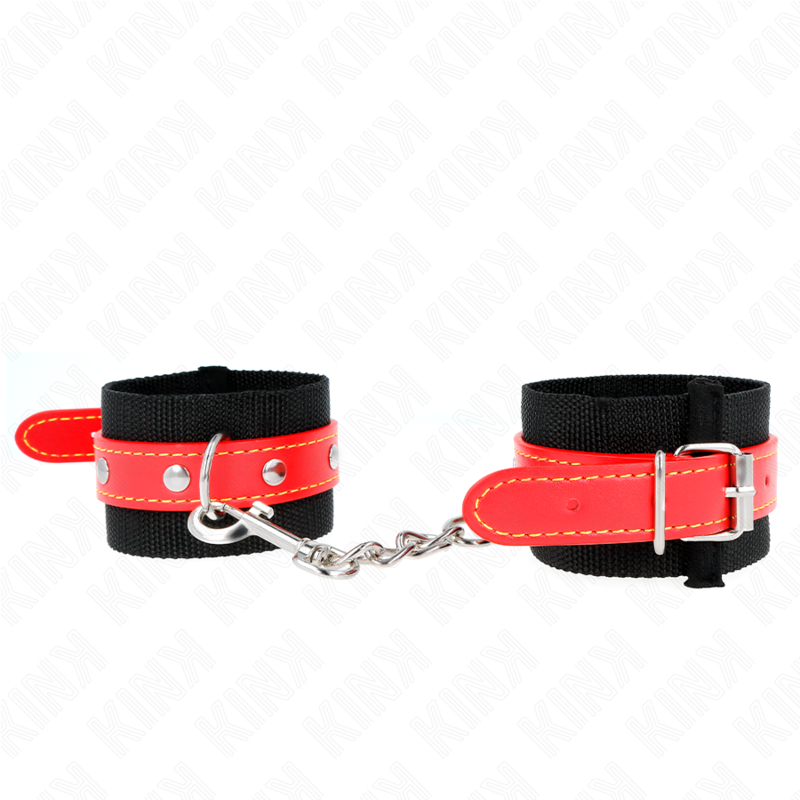 KINK - NYLONOWE ZAPIECIA NA NADGARSTKI CZARNE Z SKÓRA CZERWONA REGULOWANE WYMIARY 19-24 CM X 5,5 CM