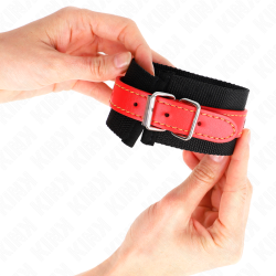 KINK - NYLONOWE ZAPIECIA NA NADGARSTKI CZARNE Z SKÓRA CZERWONA REGULOWANE WYMIARY 19-24 CM X 5,5 CM