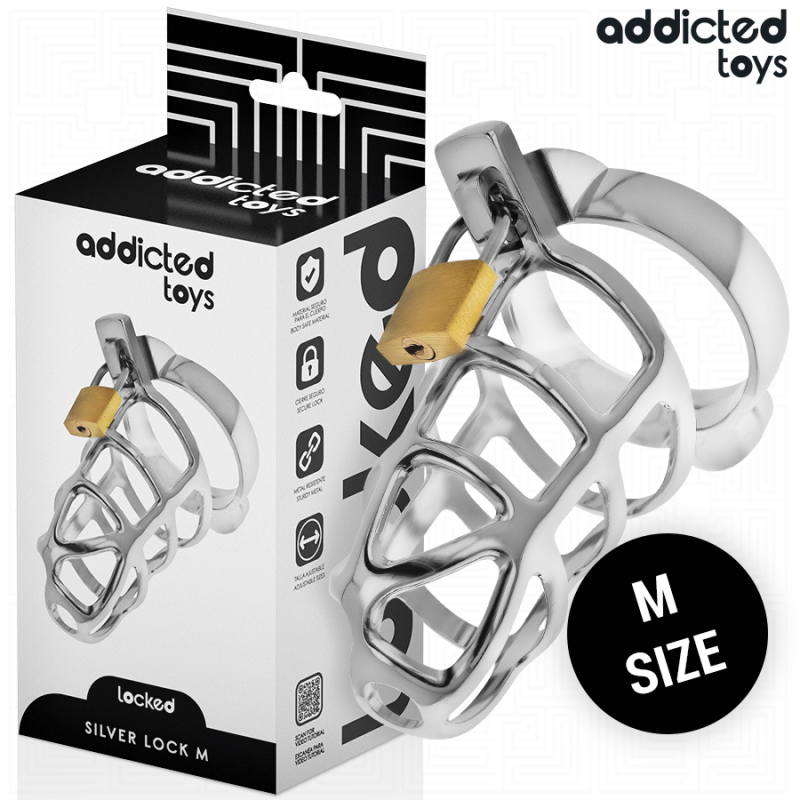 ADDICTED TOYS LOCKED - SREBRNY ZAMEK PENIS CAGE METAL ROZMIAR M