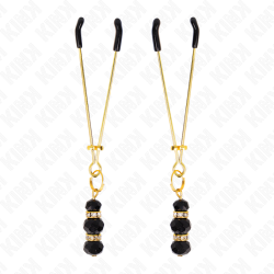 KINK - GOLD THIN NIPPLE CLAMPS WITH 3 BLACK GLASS BEADS 7 CM