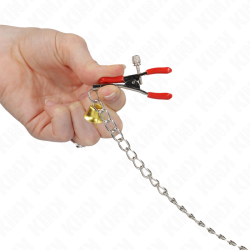 KINK - BELL POTRÓJNE ZACISKI NA SUTKI I LECHTACZKE CZERWONE Z LANCUCHEM 30 CM