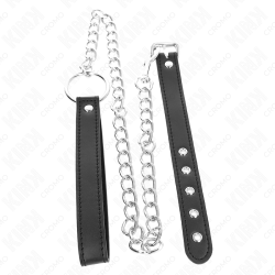 KINK - PIERSCIEN NA PENISA SKÓRZANY 21,5 X 2 CM Z LANCUSZKIEM METALOWYM 60 CM I PASKIEM SKÓRZANYM
