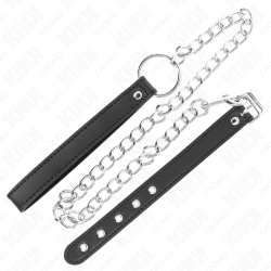 KINK - PIERSCIEN NA PENISA SKÓRZANY 21,5 X 2 CM Z LANCUSZKIEM METALOWYM 60 CM I PASKIEM SKÓRZANYM