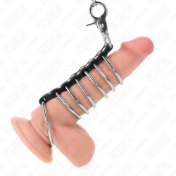 KINK - 7 METALOWYCH PIERSCIENI NA PENISA 3,8 CM DO 5 CM POLACZONYCH SKÓRZANYM I METALOWYM LANCUCHEM 100 CM