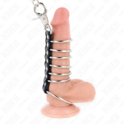 KINK - 7 METALOWYCH PIERSCIENI NA PENISA 3,8 CM DO 5 CM POLACZONYCH SKÓRZANYM I METALOWYM LANCUCHEM 100 CM