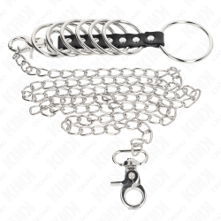 KINK - 7 METALOWYCH PIERSCIENI NA PENISA 3,8 CM DO 5 CM POLACZONYCH SKÓRZANYM I METALOWYM LANCUCHEM 100 CM