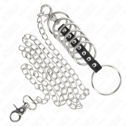 KINK - 7 METALOWYCH PIERSCIENI NA PENISA 3,8 CM DO 5 CM POLACZONYCH SKÓRZANYM I METALOWYM LANCUCHEM 100 CM