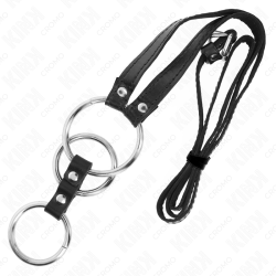 KINK - PIERSCIEN NA PENISA POTRÓJNY METALOWY 3,8 CM NA 5 CM Z PASKIEM SKÓRZANYM 112 CM