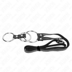 KINK - PIERSCIEN NA PENISA POTRÓJNY METALOWY 3,8 CM NA 5 CM Z PASKIEM SKÓRZANYM 112 CM