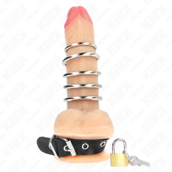 KINK - PIERSCIEN NA PENISA SKÓRZANY Z PASKIEM Z BLOKADA 21 X 2 CM I 5 METALOWYMI PIERSCIENIAMI OD 3 CM DO 4 CM