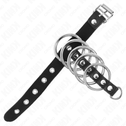 KINK - PIERSCIEN NA PENISA SKÓRZANY Z PASKIEM Z BLOKADA 21 X 2 CM I 5 METALOWYMI PIERSCIENIAMI OD 3 CM DO 4 CM