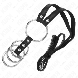 KINK - 4 POLACZONE METALOWE PIERSCIENIE NA PENISA 3,8 CM DO 5 CM Z PASKIEM SKÓRZANYM 112 CM