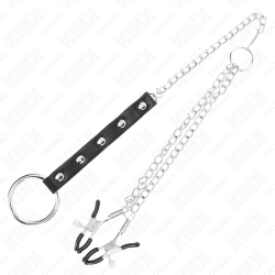 KINK - METALOWY PENIS RING Z LANCUSZKIEM I REGULOWANYMI ZACISKAMI NA SUTKE