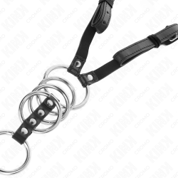 KINK - 5 PIERSCIENI NA PENISA 3,8 CM DO 5 CM METALOWYCH Z PASKIEM SKÓRZANYM 112 CM