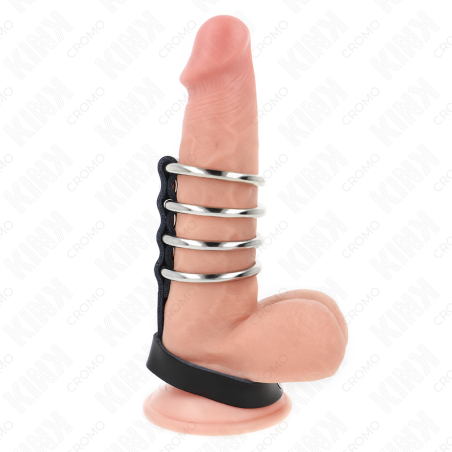 KINK - 4 METALOWE PIERSCIENIE NA PENISA 3,8 CM POLACZONE PASKIEM SKÓRZANYM 22 X 1,5 CM I ZAMKIEM CISNIENIOWYM
