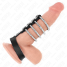 KINK - 4 METALOWE PIERSCIENIE NA PENISA 3,8 CM POLACZONE PASKIEM SKÓRZANYM 22 X 1,5 CM I ZAMKIEM CISNIENIOWYM