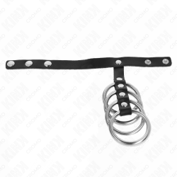 KINK - 4 METALOWE PIERSCIENIE NA PENISA 3,8 CM POLACZONE PASKIEM SKÓRZANYM 22 X 1,5 CM I ZAMKIEM CISNIENIOWYM