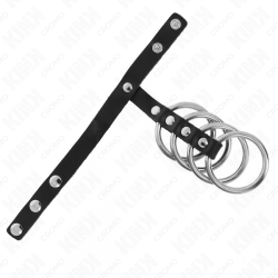 KINK - 4 METALOWE PIERSCIENIE NA PENISA 3,8 CM POLACZONE PASKIEM SKÓRZANYM 22 X 1,5 CM I ZAMKIEM CISNIENIOWYM