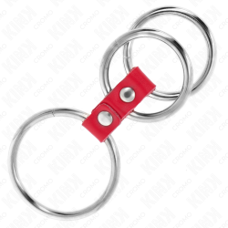 KINK - PIERSCIEN NA PENISA POTRÓJNY METALOWY 3,7 CM NA 5 CM POLACZONY CZERWONA SKÓRA