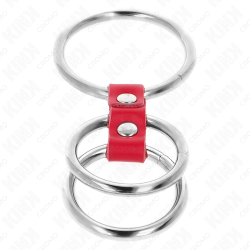 KINK - PIERSCIEN NA PENISA POTRÓJNY METALOWY 3,7 CM NA 5 CM POLACZONY CZERWONA SKÓRA