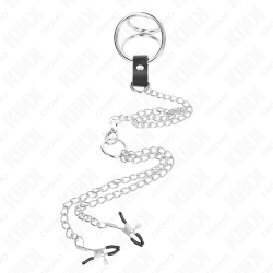 KINK - PIERSCIEN NA PENISA Z TRÓJKATNYM CHROMEM 3 CM DO 4,5 CM Z LANCUSZKIEM METALOWYM 26 CM I ZACISKAMI NA SUTKE