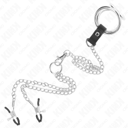 KINK - PIERSCIEN NA PENISA Z TRÓJKATNYM CHROMEM 3 CM DO 4,5 CM Z LANCUSZKIEM METALOWYM 26 CM I ZACISKAMI NA SUTKE