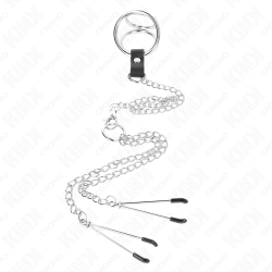 KINK - PIERSCIEN NA PENISA Z TRÓJKAT CHROMOWANYM METALEM 3,8 CM NA 5 CM Z LANCUSZKIEM METALOWYM 26 CM I ZACISKAMI NA SUTKE MODEL