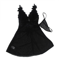SUBBLIME - TIULOWA TKANINA BABYDOLL Z KORONKA I KWIATAMI CZARNY L/XL