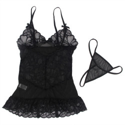 SUBBLIME - BABYDOLL Z REGULOWANYMI PASKAMI I PRZEZROCZYSTA KORONKA W KWIATOWY NADRUK CZARNY S/M