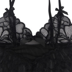 SUBBLIME - BABYDOLL Z REGULOWANYMI PASKAMI I PRZEZROCZYSTA KORONKA W KWIATOWY NADRUK CZARNY S/M