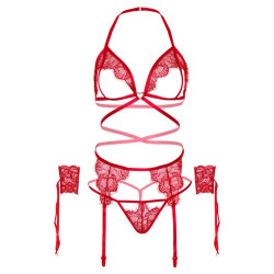 LEG AVENUE - SET QUATTRO PEZZI REGGISENO, G-STRING, REGGISTREE E POLSINI TAGLIA UNICA - ROSSO