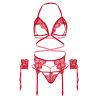 LEG AVENUE - SET QUATTRO PEZZI REGGISENO, G-STRING, REGGISTREE E POLSINI TAGLIA UNICA - ROSSO