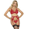 SUBBLIME - ENSEMBLE 3 PIÈCES SOUTIEN-GORGE + STRING + JARRETIÈRE DENTELLE ROUGE L/XL