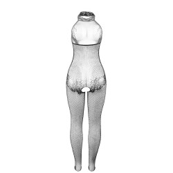 SUBBLIME - 951801 BODYSTOCKING Z SIATKI RYBACKIEJ I KORONKI Z BEZ KROKU I WYSOKIM DEKOLTEM CZARNY ROZMIAR JEDEN