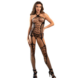 SUBBLIME - 952105 BODYSTOCKING Z SIATKI RYBACKIEJ Z ODKRYTYM KROKIEM I WI?ZANIEM NA SZYJ? I OTWARTYMI PLECAMI CZARNE JEDEN ROZMI
