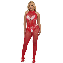 SUBBLIME - 952372 BODYSTOCKING Z SIATKI RYBACKIEJ I KORONKI Z BEZ KROKU I WYSOKIM KO?NIERZEM CZERWONY ROZMIAR JEDEN