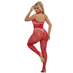SUBBLIME - 952372 BODYSTOCKING Z SIATKI RYBACKIEJ I KORONKI Z BEZ KROKU I WYSOKIM KO?NIERZEM CZERWONY ROZMIAR JEDEN