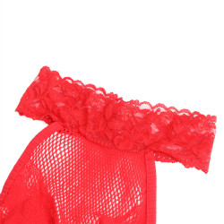SUBBLIME - 952372 BODYSTOCKING Z SIATKI RYBACKIEJ I KORONKI Z BEZ KROKU I WYSOKIM KO?NIERZEM CZERWONY ROZMIAR JEDEN