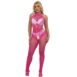 SUBBLIME - 952389 BODYSTOCKING Z SIATKI RYBACKIEJ I KORONKI Z BEZ KROKU I WYSOKIM DEKOLTEM RÓ?OWY ROZMIAR JEDEN