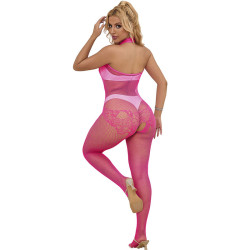 SUBBLIME - 952389 BODYSTOCKING Z SIATKI RYBACKIEJ I KORONKI Z BEZ KROKU I WYSOKIM DEKOLTEM RÓ?OWY ROZMIAR JEDEN