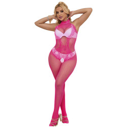 SUBBLIME - 952389 BODYSTOCKING Z SIATKI RYBACKIEJ I KORONKI Z BEZ KROKU I WYSOKIM DEKOLTEM RÓ?OWY ROZMIAR JEDEN
