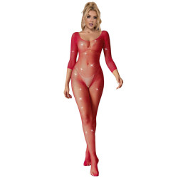 SUBBLIME - 952419 BODYSTOCKING Z SIATKI RYBACKIEJ Z DIAMENTAMI D?UGI R?KAW CZERWONY JEDEN ROZMIAR