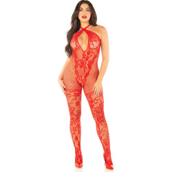 LEG AVENUE - BODYSTOCKING Z SIATKI Z NADRUKIEM KWIATÓW CZERWONY ROZMIAR JEDEN
