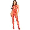 LEG AVENUE - BODYSTOCKING Z SIATKI Z NADRUKIEM KWIATÓW CZERWONY ROZMIAR JEDEN
