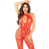 LEG AVENUE - FLOWER PRINT MESH BODYSTOCKING RED ONE SIZE