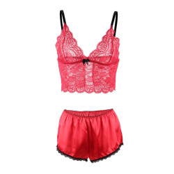 SUBBLIME - 953898 JEDWABNA I KORONKOWA KOSZULKA NOCNA + MAJTKI CZERWONY S/M