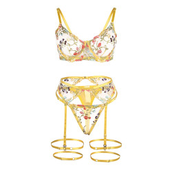 SUBBLIME - 954345 SUJETADOR + TANGA + LIGUEROS DISEÑO FLORAL AMARILLO S/M